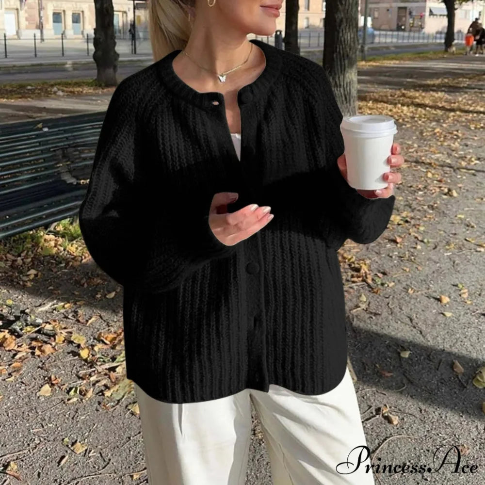 Warm Chunky Knit Long Sleeve Red Cardigan Black-2 / S