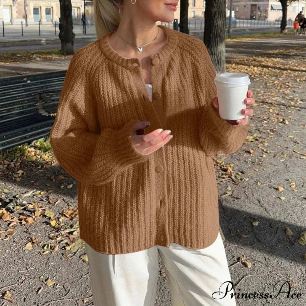 Warm Chunky Knit Long Sleeve Red Cardigan Coffee-3 / S