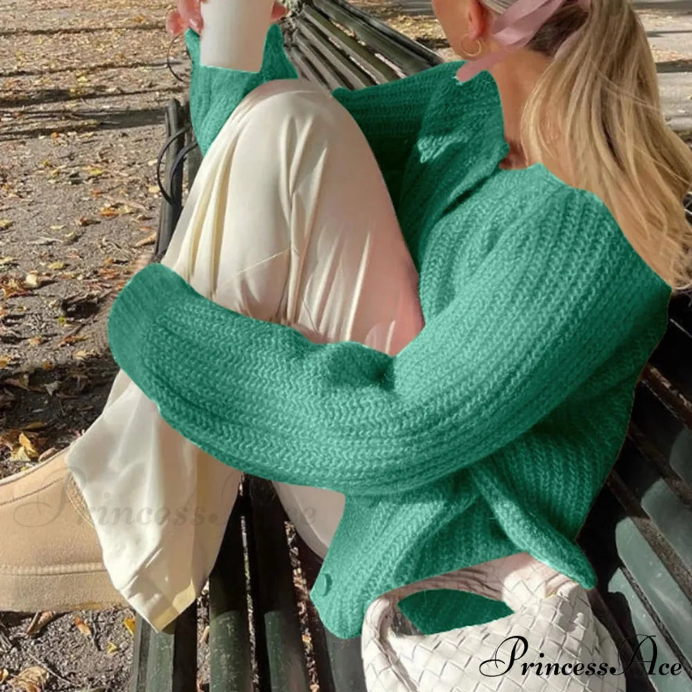 Warm Chunky Knit Long Sleeve Red Cardigan Green-1 / S