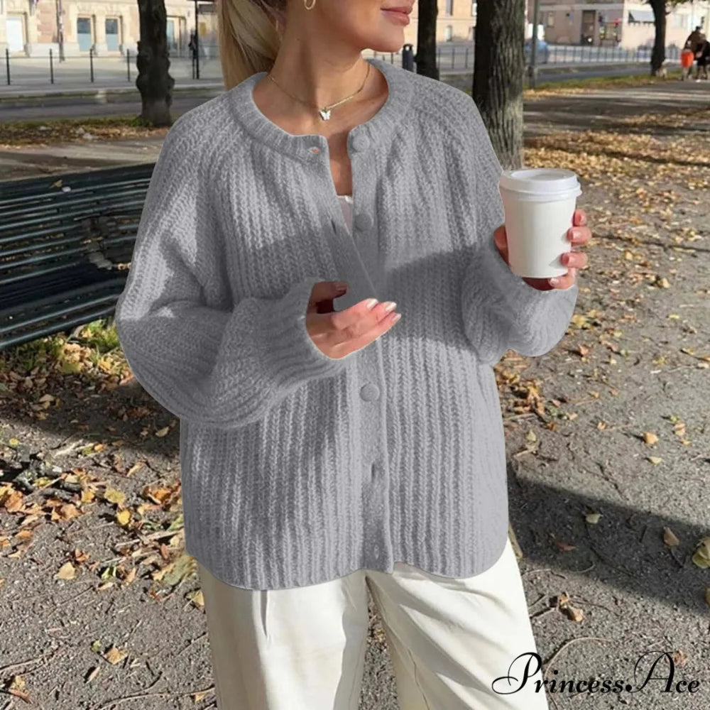 Warm Chunky Knit Long Sleeve Red Cardigan Grey-2 / S