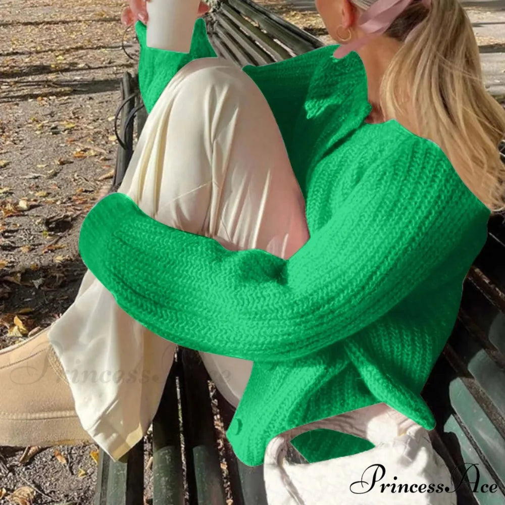 Warm Chunky Knit Long Sleeve Red Cardigan Light Green-4 / S