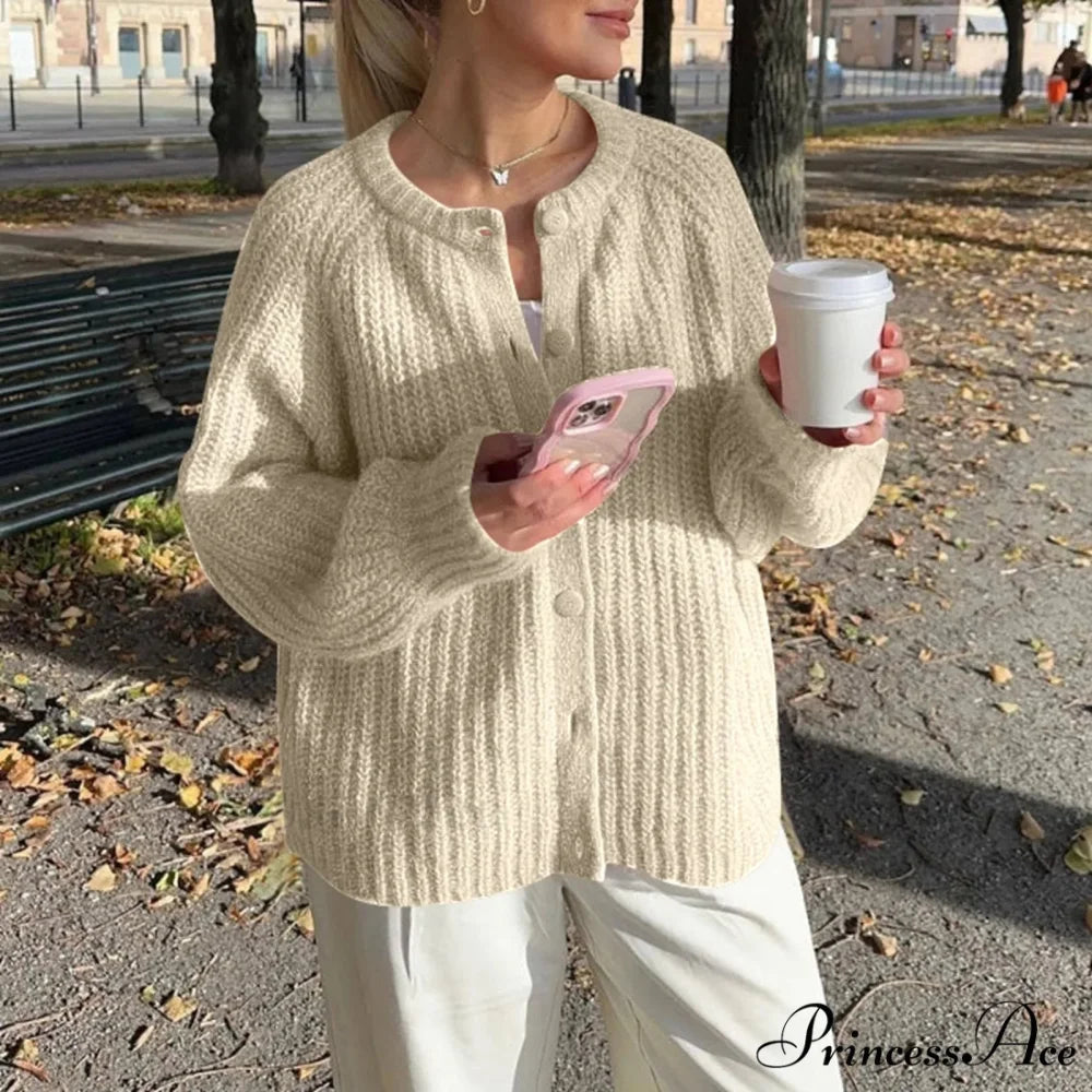 Warm Chunky Knit Long Sleeve Red Cardigan Light Yellow-1 / S