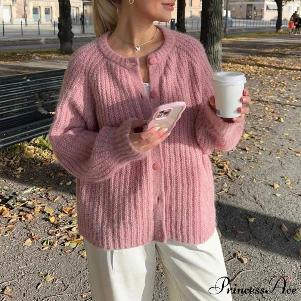 Warm Chunky Knit Long Sleeve Red Cardigan Pink-1 / S