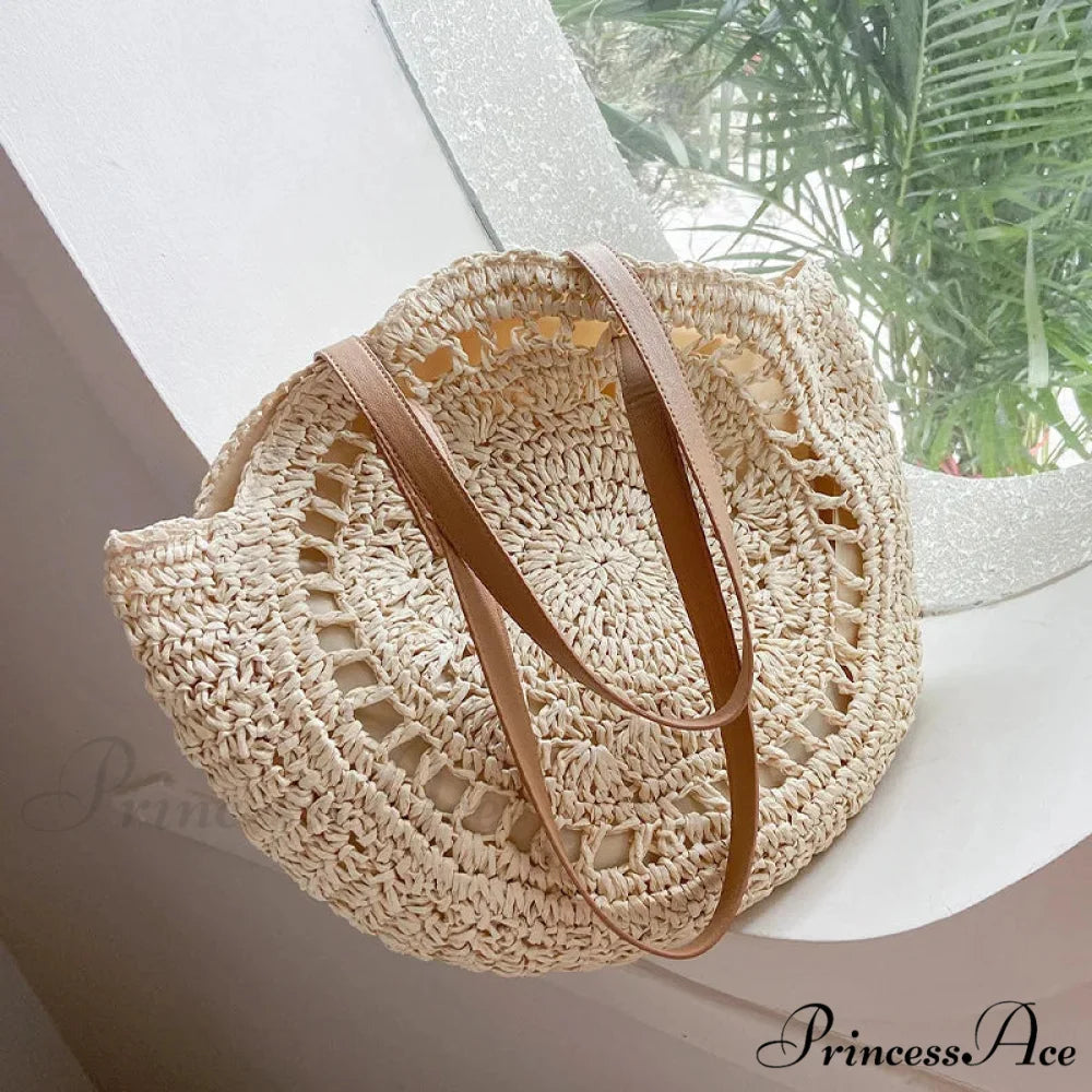 Warm Circular Straw Shoulder Bag for Women Beige Hollow / 43x2x38cm shoulder-250126