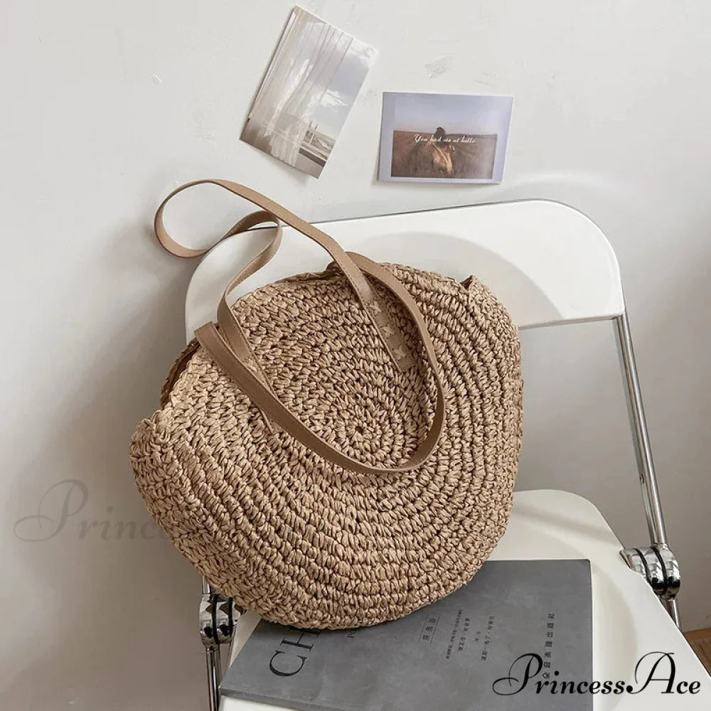 Warm Circular Straw Shoulder Bag for Women Khaki / 43x2x38cm shoulder-250126