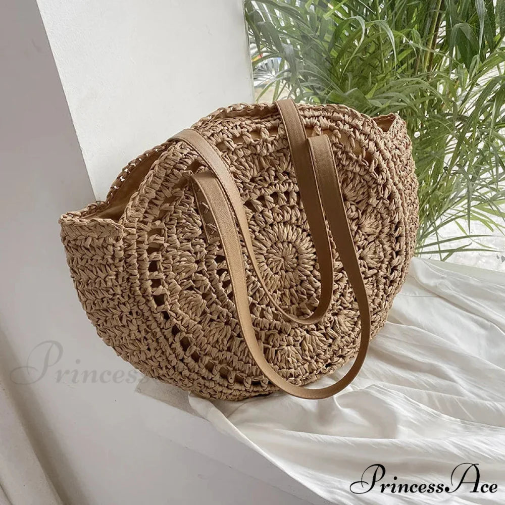Warm Circular Straw Shoulder Bag for Women Khaki Hollow / 43x2x38cm shoulder-250126