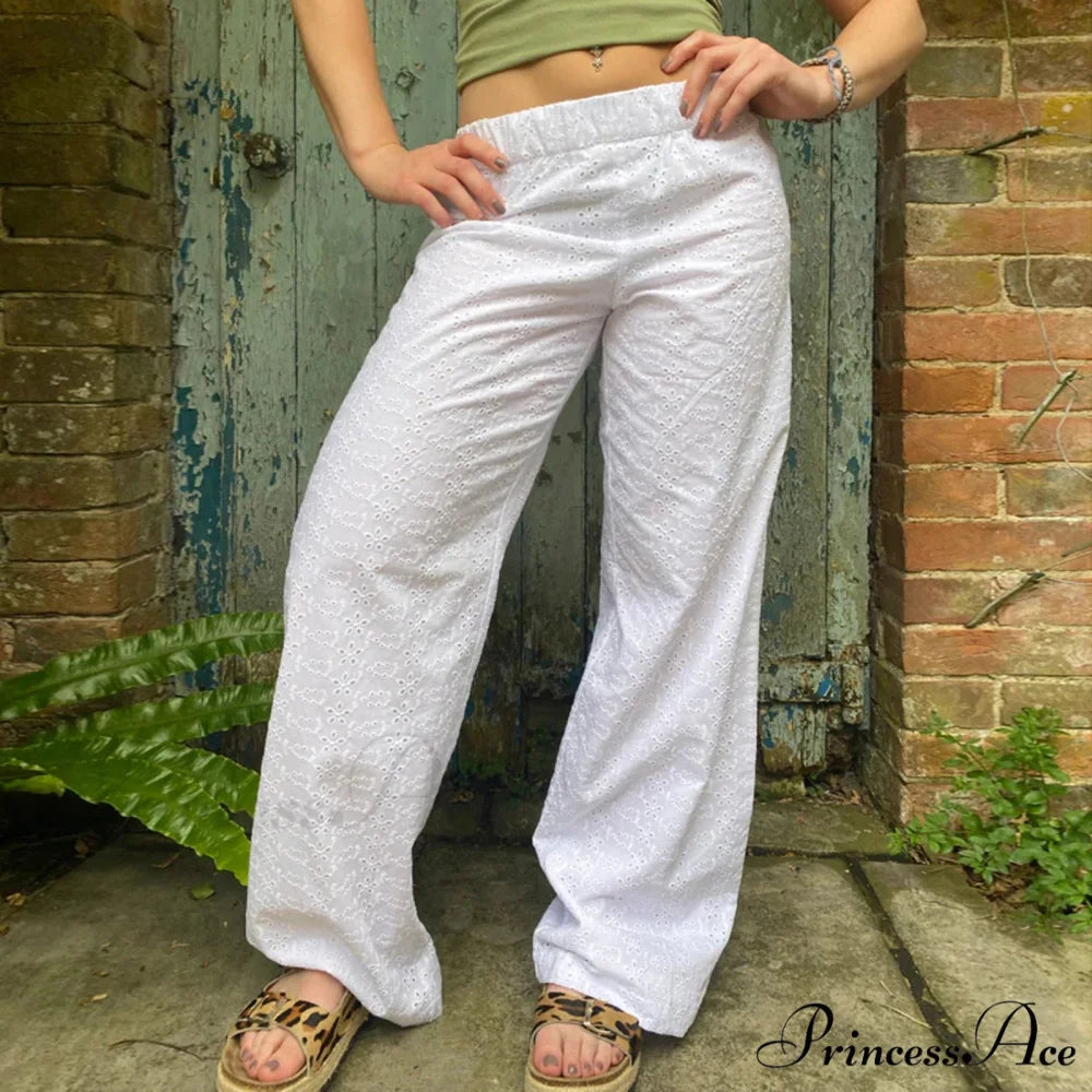 Warm Cute Eyelet Embroidery Wide Leg Pant pant-250223