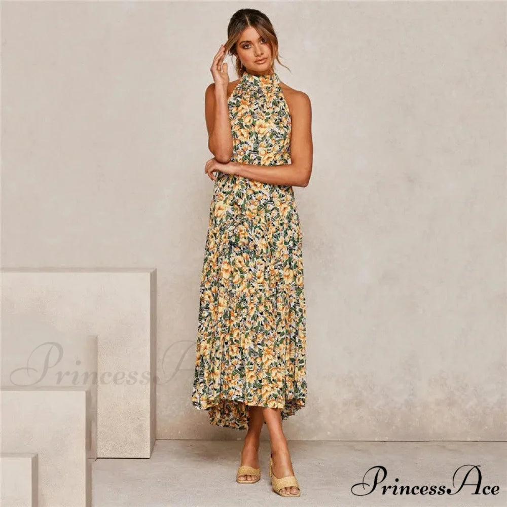 Warm Flower Pattern Halter Neck Seaside Flower Dress cloro7 / S oldfloraldress-250126