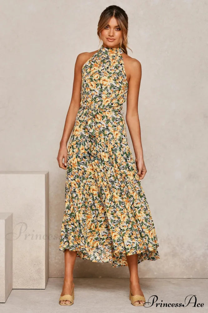 Warm Flower Pattern Halter Neck Seaside Flower Dress oldfloraldress-250126