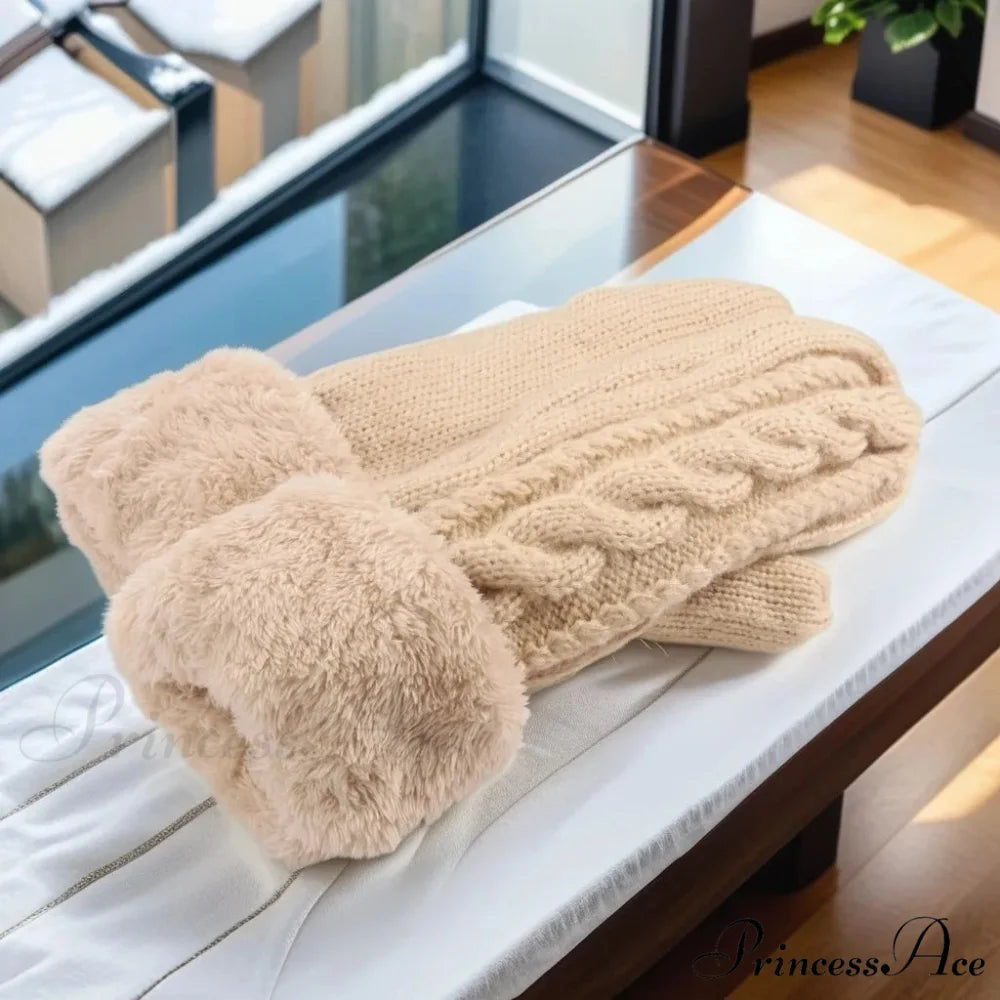 Warm Full Finger Thickened Winter Knitted Fleece Christmas Gloves for Men and Women Beige
