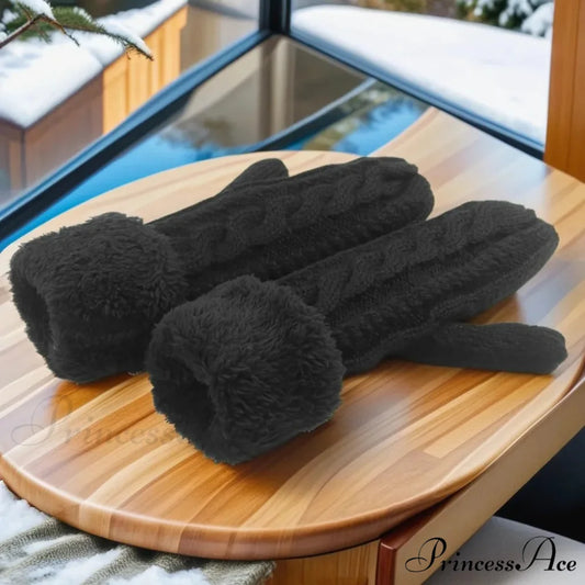 Warm Full Finger Thickened Winter Knitted Fleece Christmas Gloves for Men and Women Black