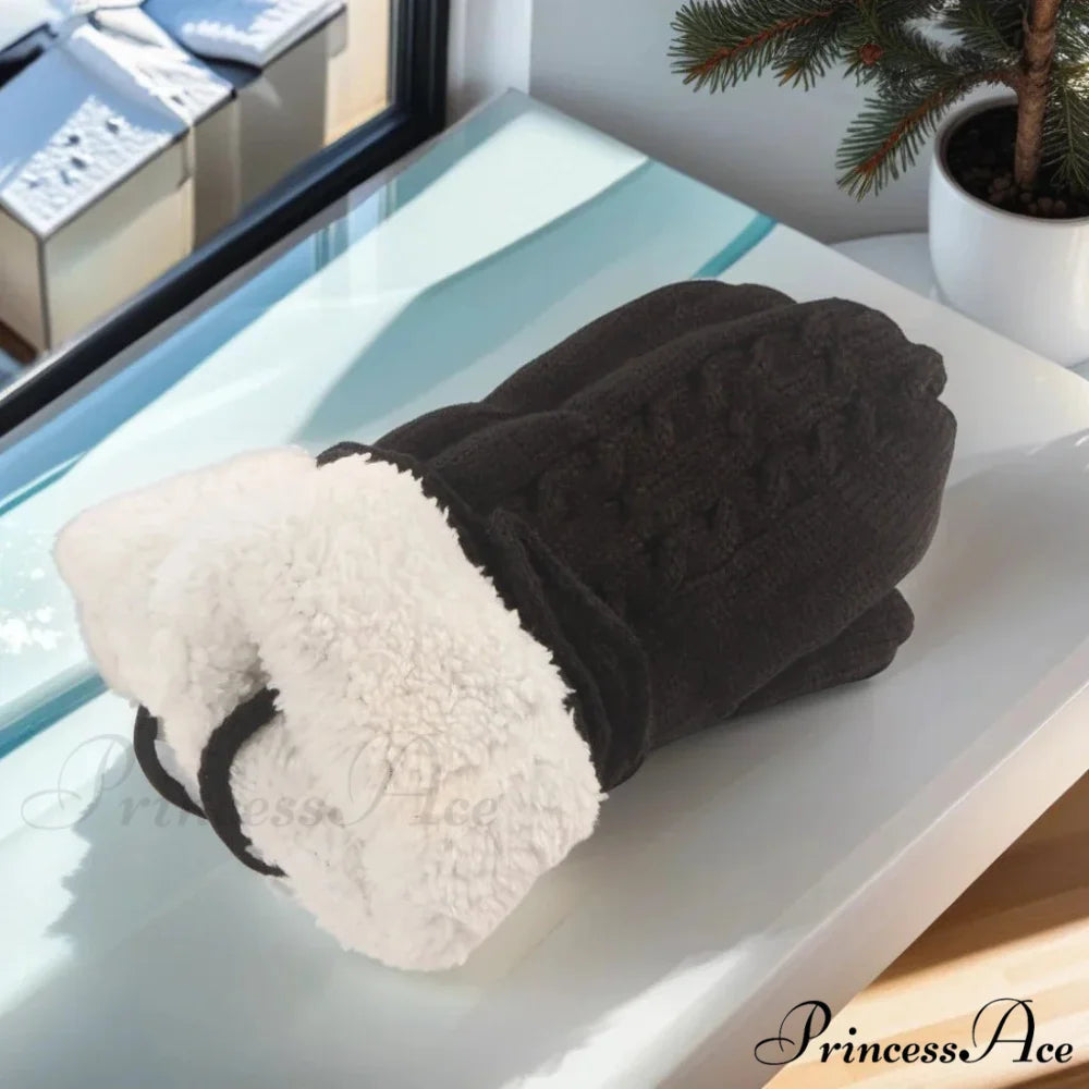 Warm Full Finger Thickened Winter Knitted Fleece Christmas Gloves for Men and Women black With rope