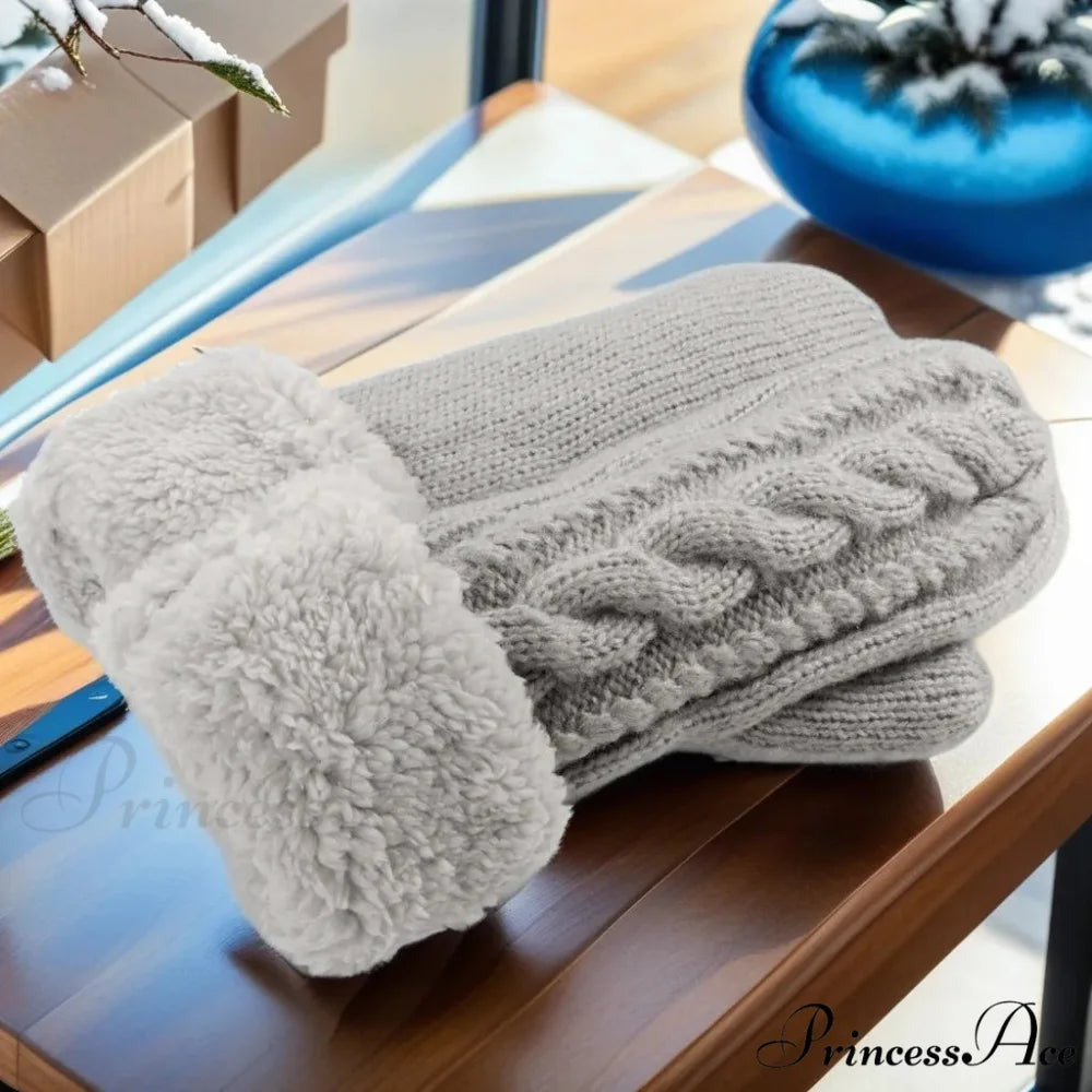 Warm Full Finger Thickened Winter Knitted Fleece Christmas Gloves for Men and Women gray