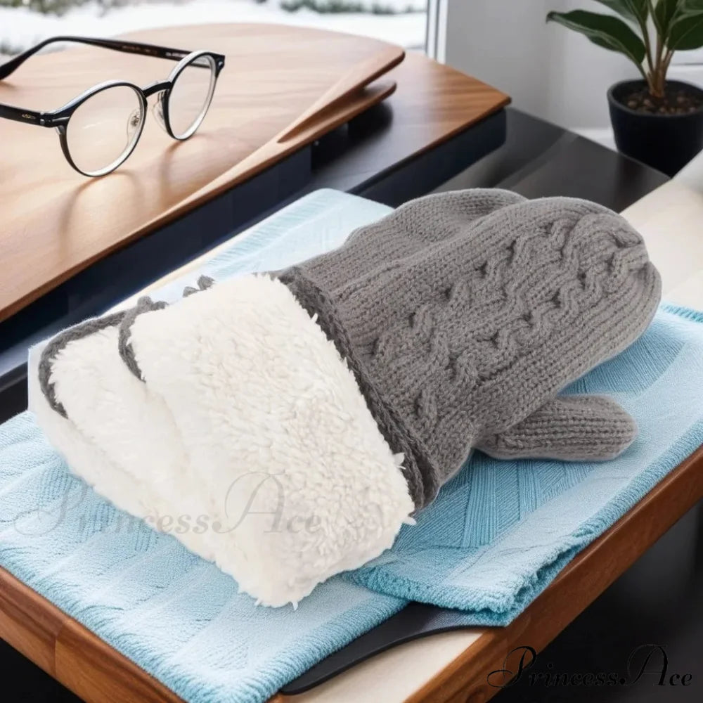 Warm Full Finger Thickened Winter Knitted Fleece Christmas Gloves for Men and Women gray With rope