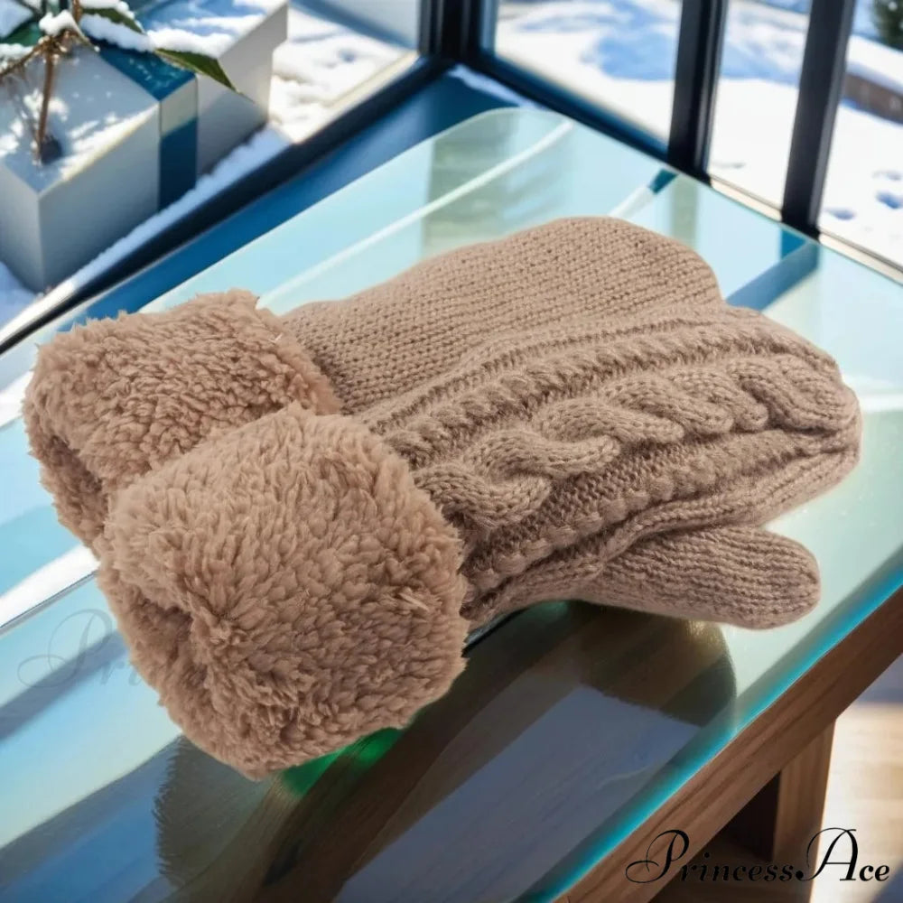 Warm Full Finger Thickened Winter Knitted Fleece Christmas Gloves for Men and Women light brown