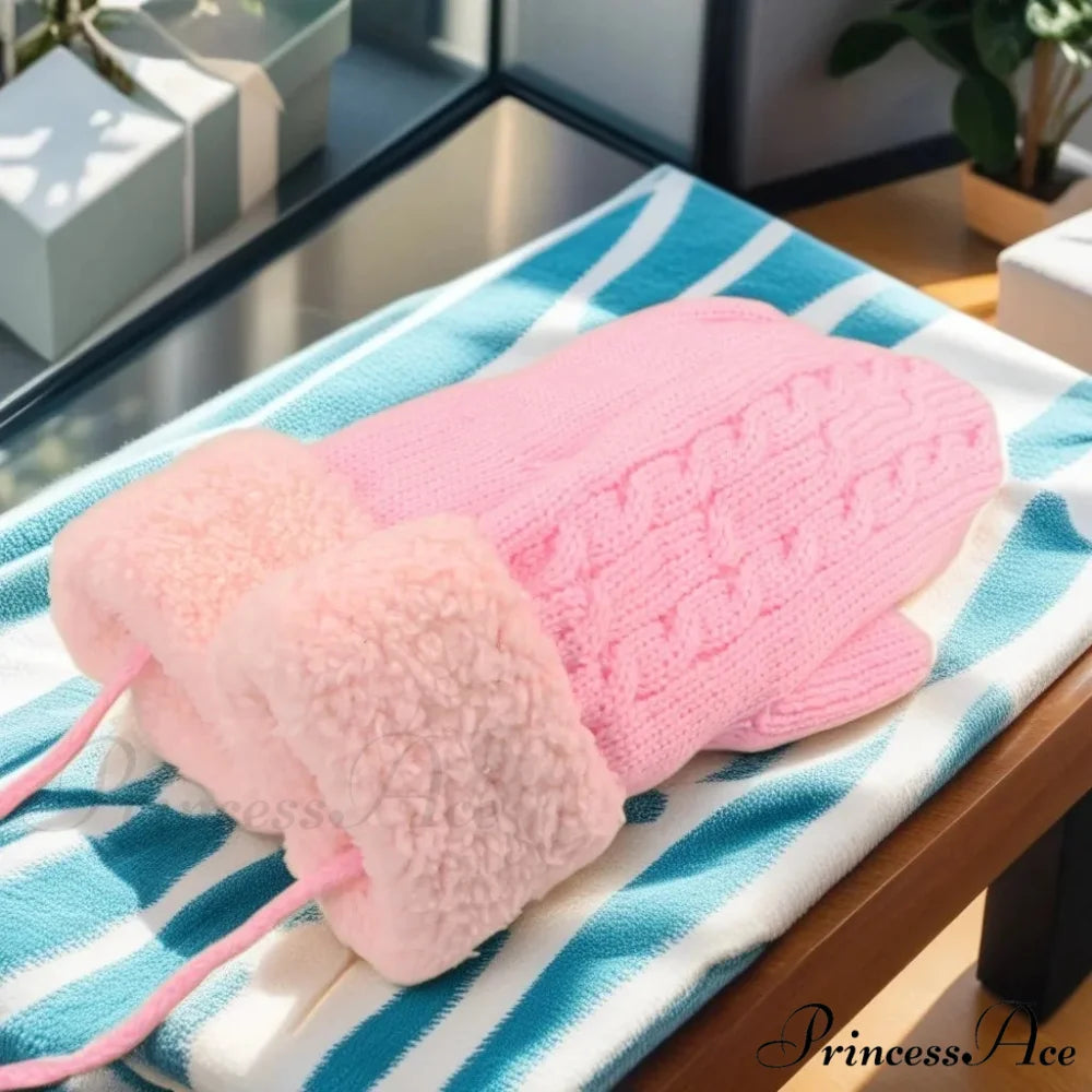 Warm Full Finger Thickened Winter Knitted Fleece Christmas Gloves for Men and Women pink With rope