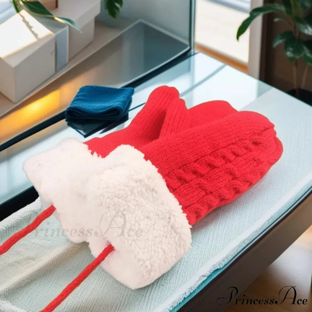Warm Full Finger Thickened Winter Knitted Fleece Christmas Gloves for Men and Women red With rope