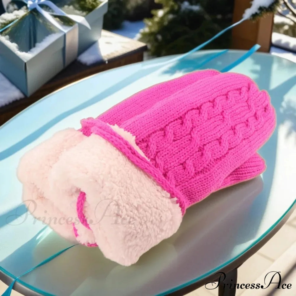 Warm Full Finger Thickened Winter Knitted Fleece Christmas Gloves for Men and Women rose red With rope