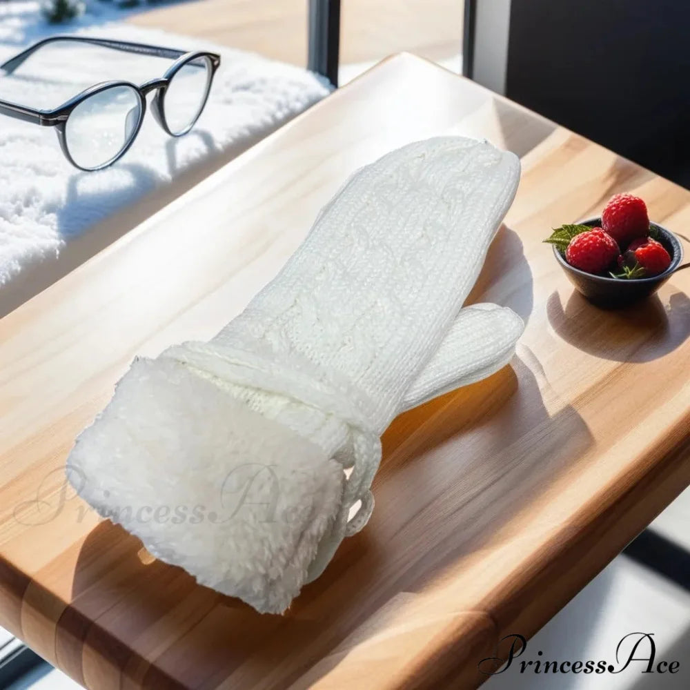 Warm Full Finger Thickened Winter Knitted Fleece Christmas Gloves for Men and Women white With rope