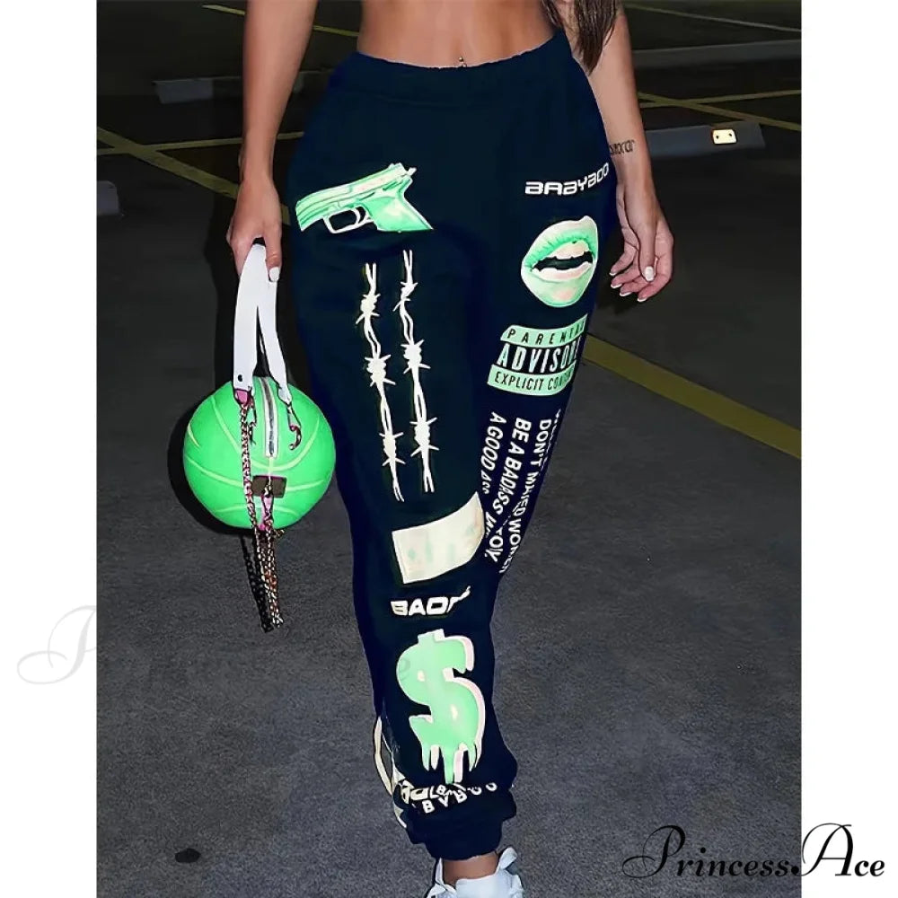 Warm Graphic Tall Waist Jogger Trousers Green Black / S pants-241228