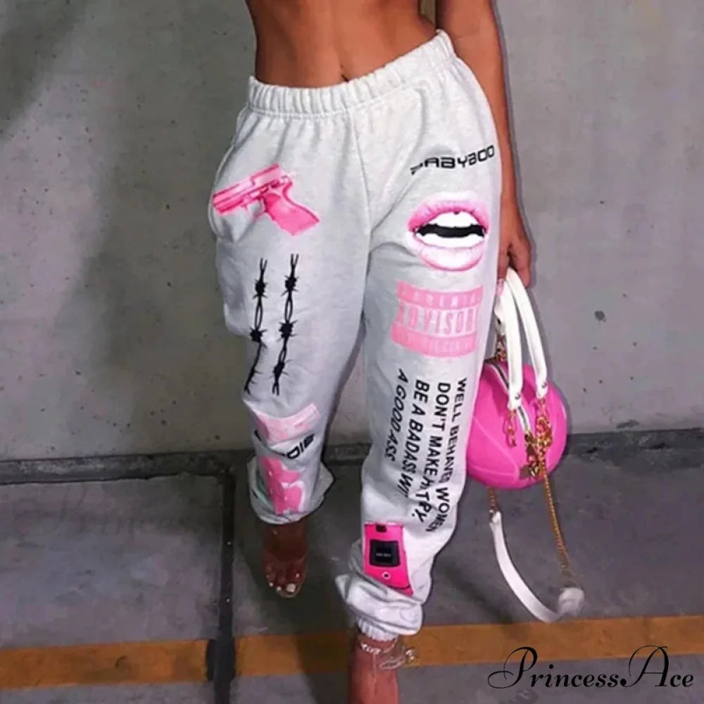 Warm Graphic Tall Waist Jogger Trousers Grey White / S pants-241228