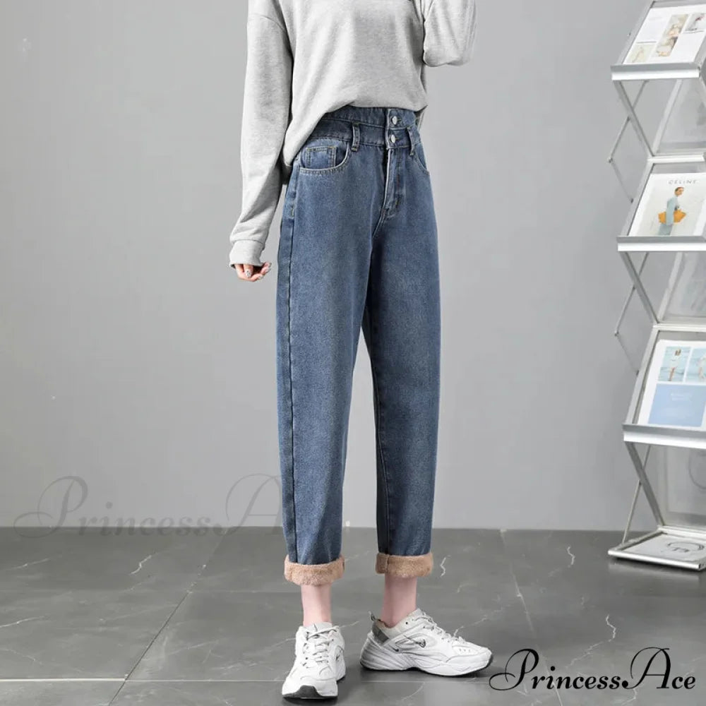 Warm Harem Thicken High Waist Vintage Loose Wide-leg Fleece Denim Jean Vintage Blue / XS