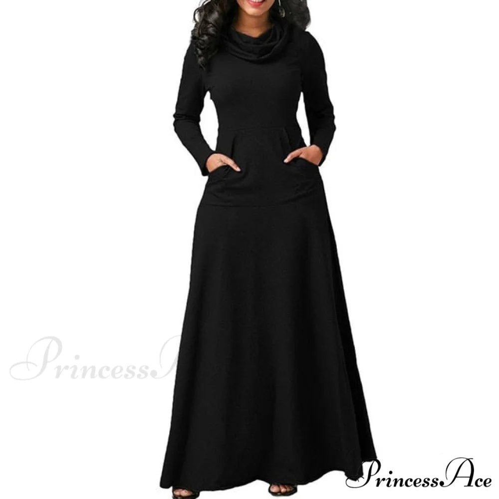 Warm High Collar Women Long-sleeved Dress black / M