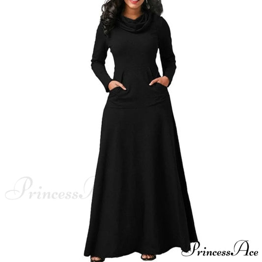 Warm High Collar Women Long-sleeved Dress black / M