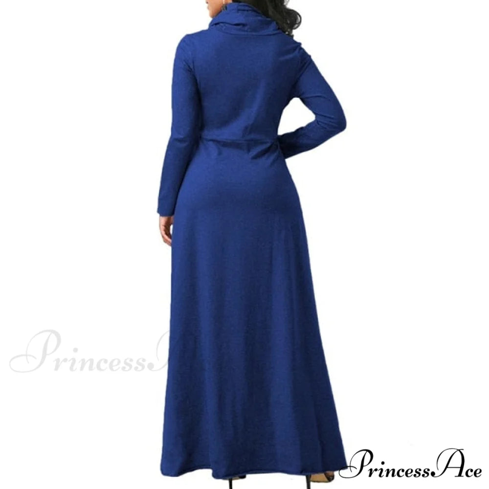 Warm High Collar Women Long-sleeved Dress blue / M