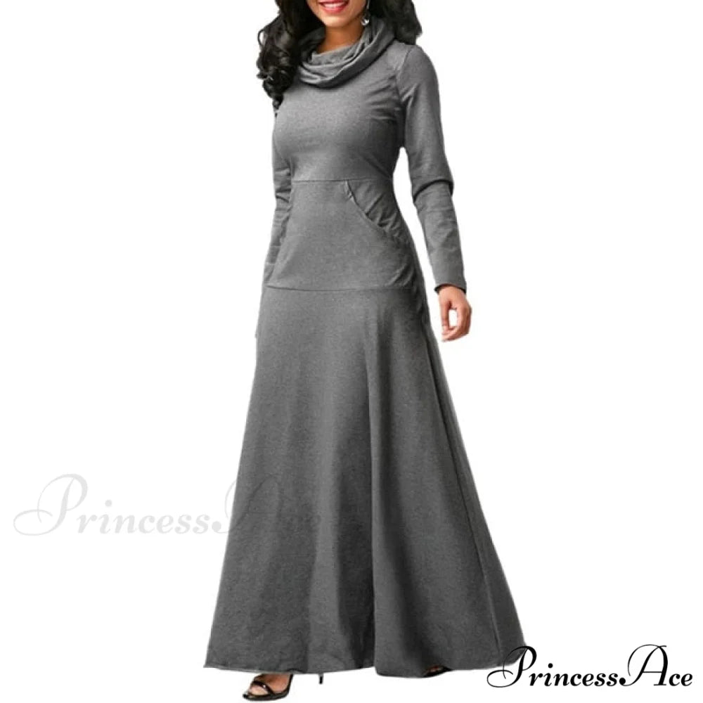 Warm High Collar Women Long-sleeved Dress gray / M