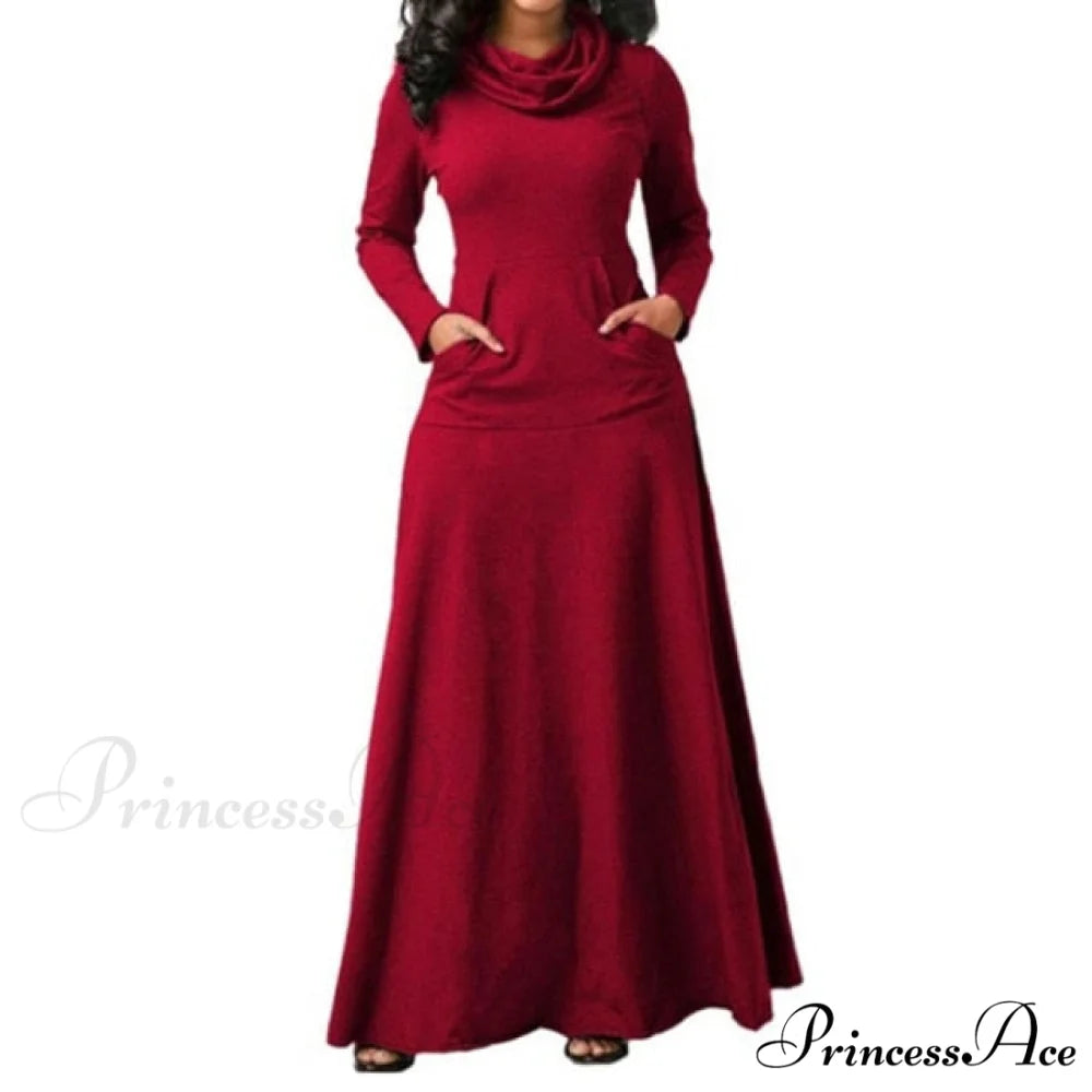 Warm High Collar Women Long-sleeved Dress wine red / M