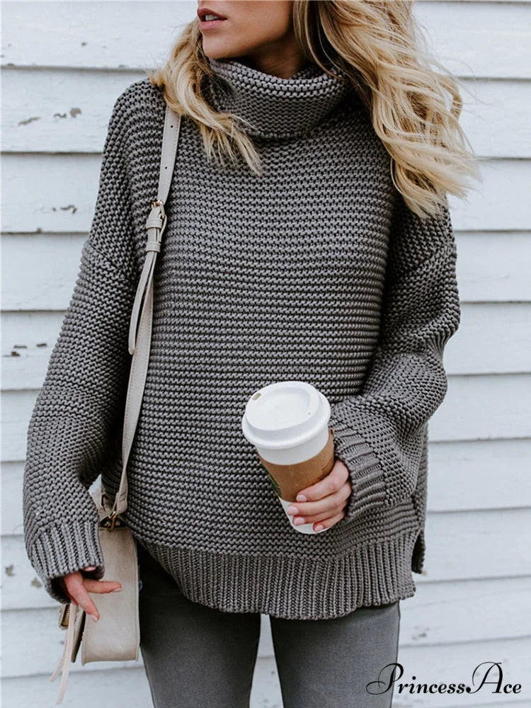 Warm Knitted Oversized Turtleneck Sweater Gray / S
