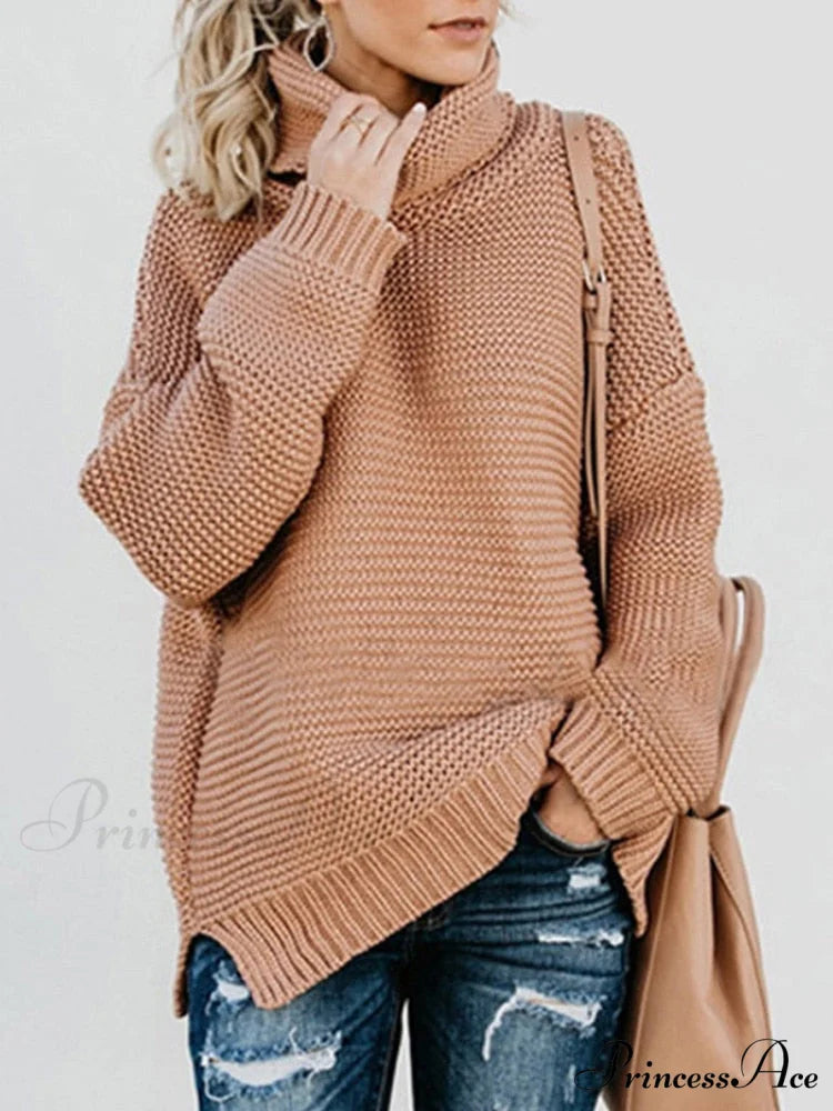 Warm Knitted Oversized Turtleneck Sweater Khaki / S