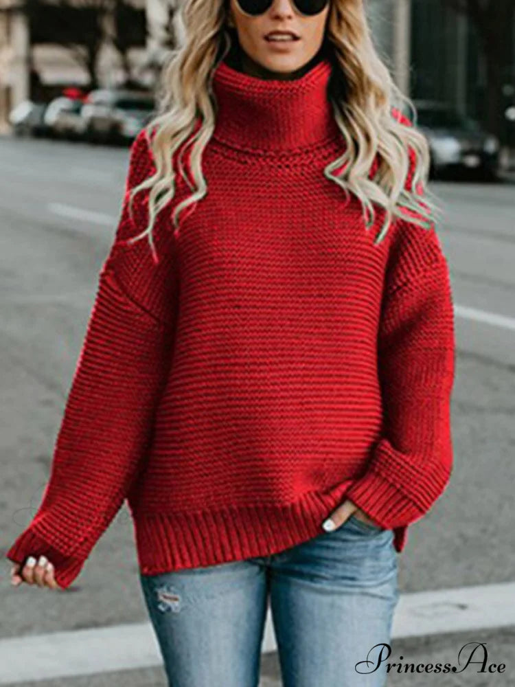 Warm Knitted Oversized Turtleneck Sweater Red / S