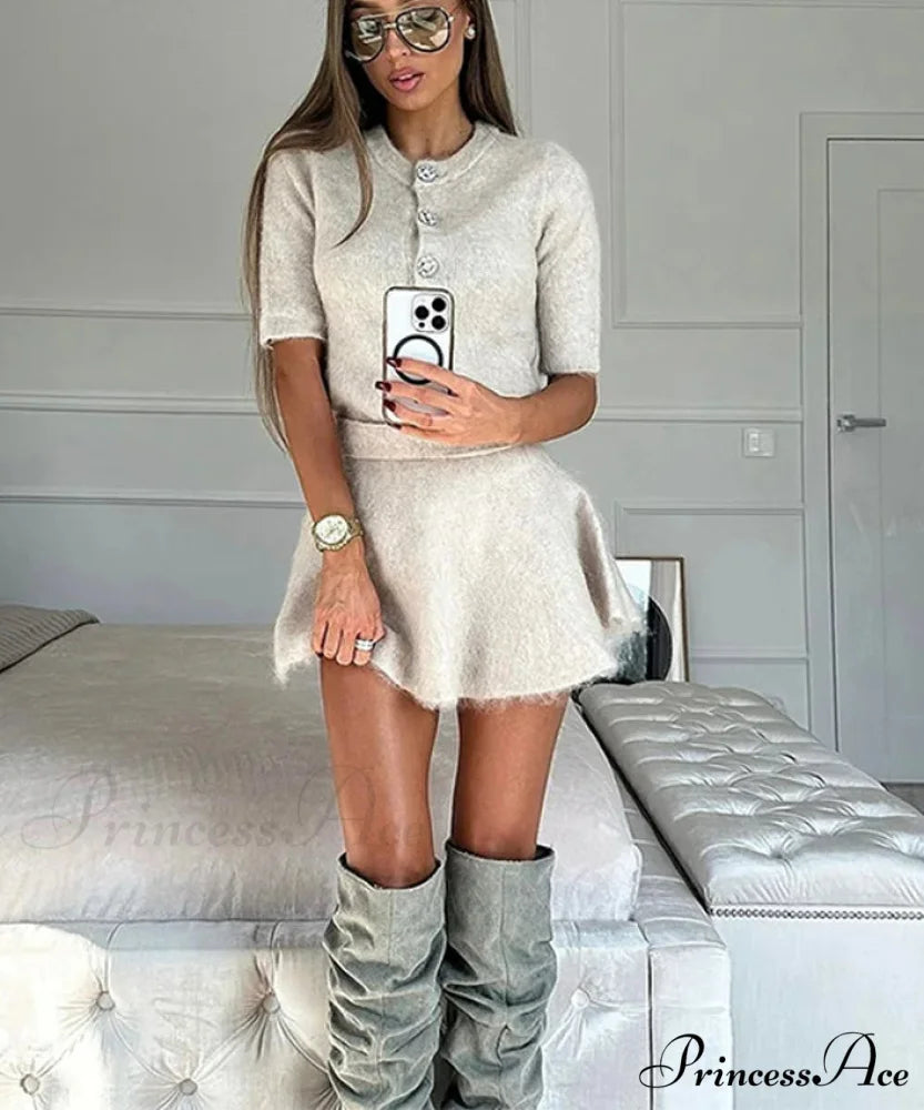 Warm Knitted Pleated Mini Skirt Workplace Two Piece Set brown set / S officetwopieceset-250223
