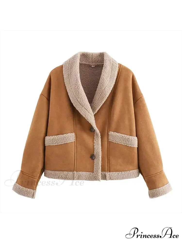 Warm Lamb Wool Casual Lapel Single-breasted Thickened Pocket Winter Stylish Coat KHAKI / S