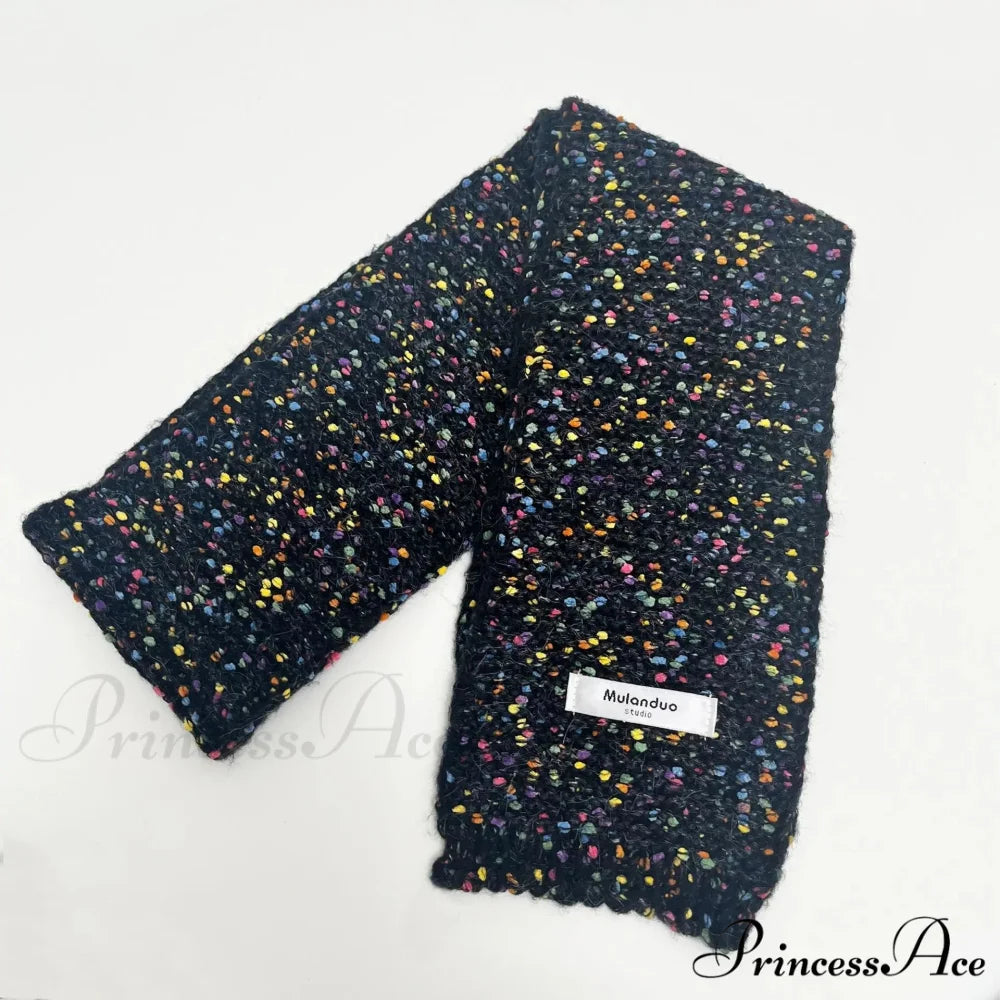 Warm Multi-Color Dot Acrylic Cashmere Small Scarf for Autumn Winter Black / L146CM W14CM