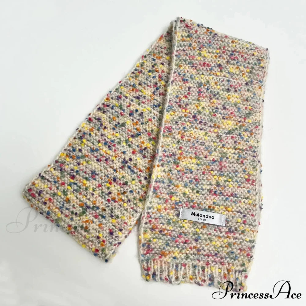 Warm Multi-Color Dot Acrylic Cashmere Small Scarf for Autumn Winter white yellow / L146CM W14CM