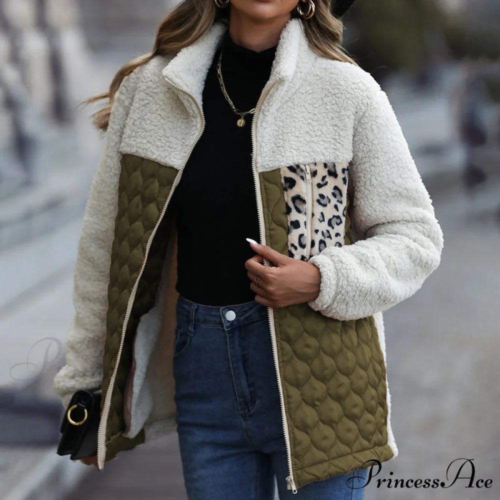 Warm Plush Patchwork Coat Army Green / S