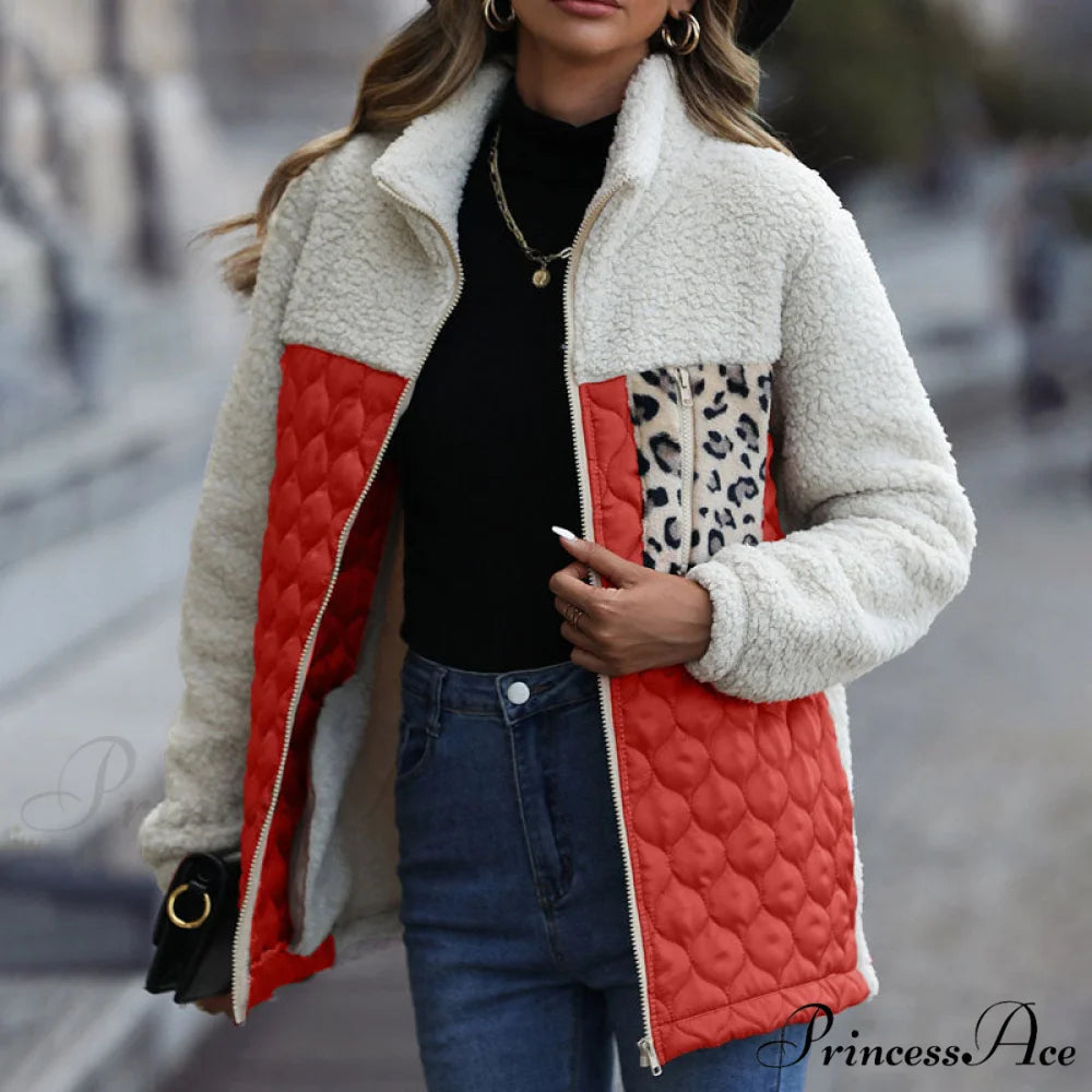 Warm Plush Patchwork Coat Red / S
