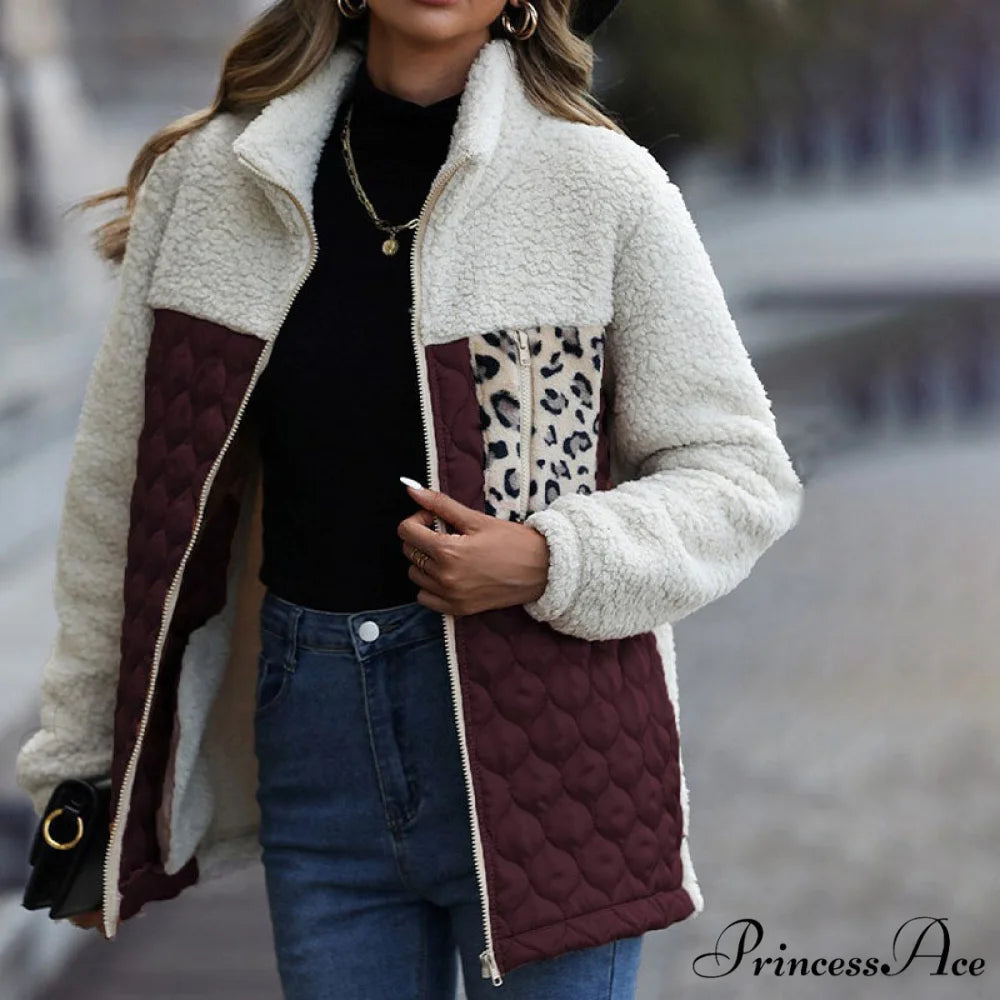 Warm Plush Patchwork Coat Wine Red / S