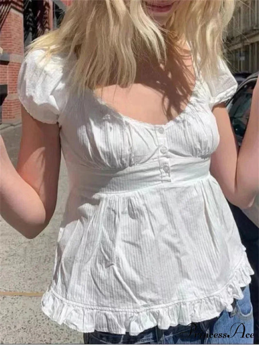 Warm Puff Short Sleeve Square Neck Blouse WHITE / S blouse-250126