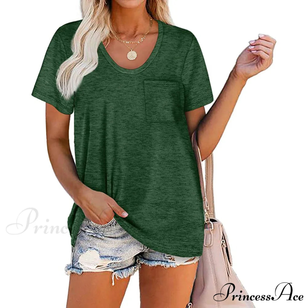 Warm-Season Crew Arm Neck Top Brief for Pocket Women Dark Green / S