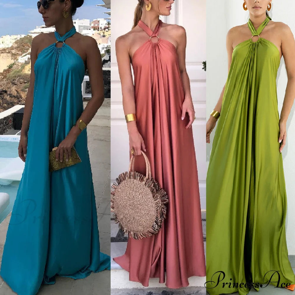 Warm-Season Party Tie-up Halter - Off Shoulder Casual Gown Backless Fashion Coastal Bandage with Long Women’s Robe