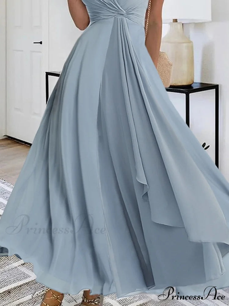 Warm-Season V Neck Layered Guest Party Sleeveless M Women’s Prom L Blue Wedding Full-Length Gown S 2024 Gown XL