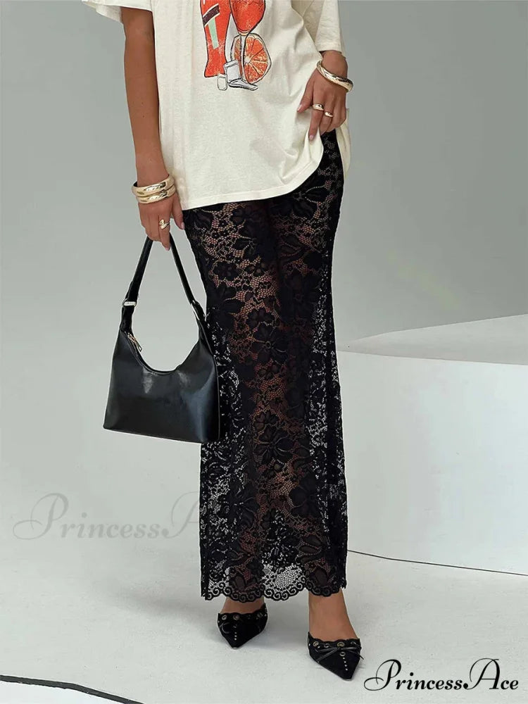 Warm Sensual Transparent Lace Floral Extended Skirt 2000s Celebration skirt-250126