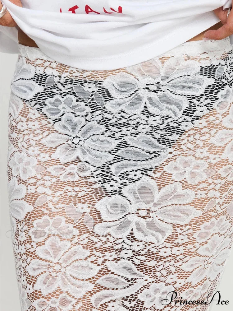 Warm Sensual Transparent Lace Floral Extended Skirt 2000s Celebration skirt-250126