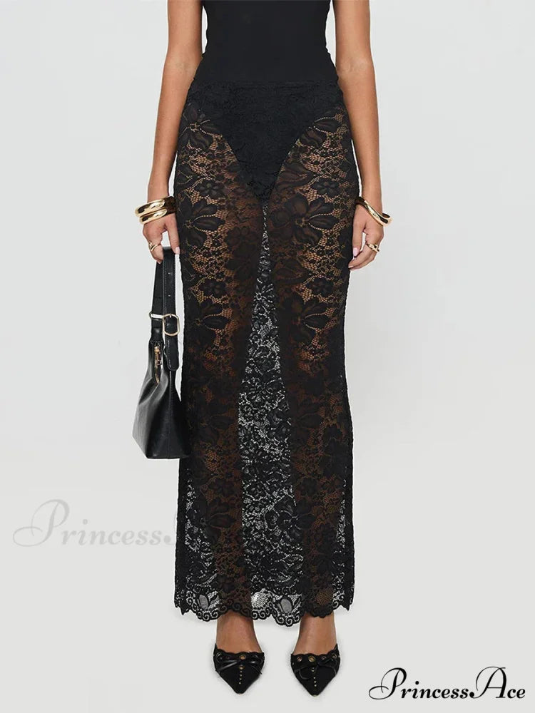Warm Sensual Transparent Lace Floral Extended Skirt 2000s Celebration Black / S skirt-250126