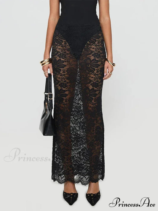 Warm Sensual Transparent Lace Floral Extended Skirt 2000s Celebration Black / S skirt-250126