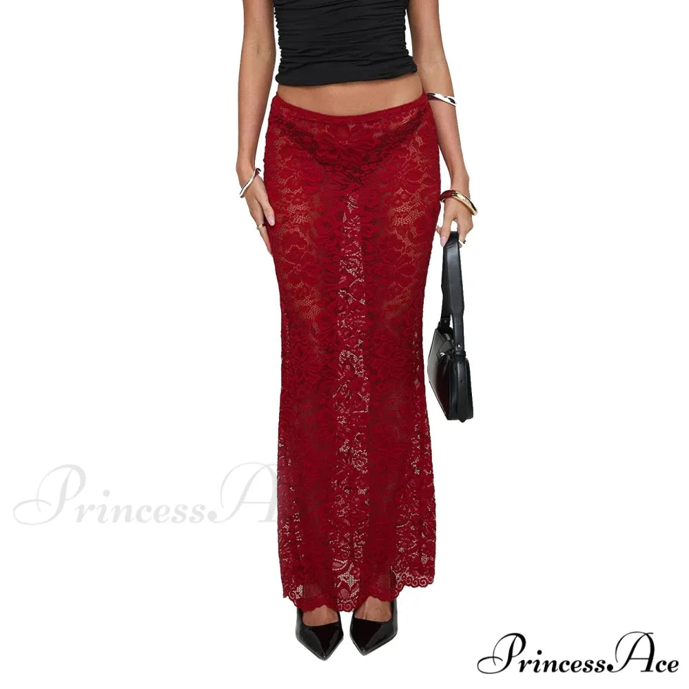 Warm Sensual Transparent Lace Floral Extended Skirt 2000s Celebration Red / S skirt-250126